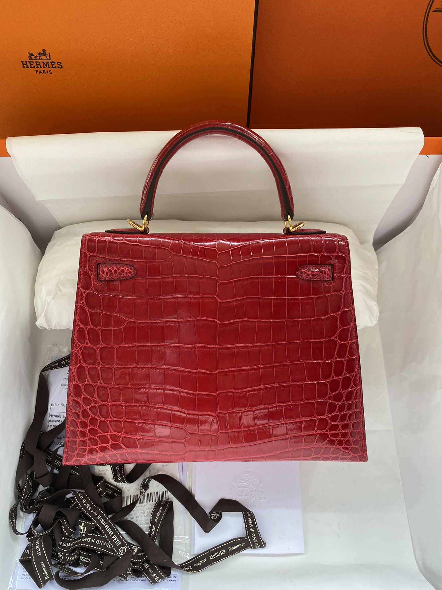 Hermes Kelly 25cm Handbag Shoulder Bag In Red Shiny Crocodile Niloticus Leather